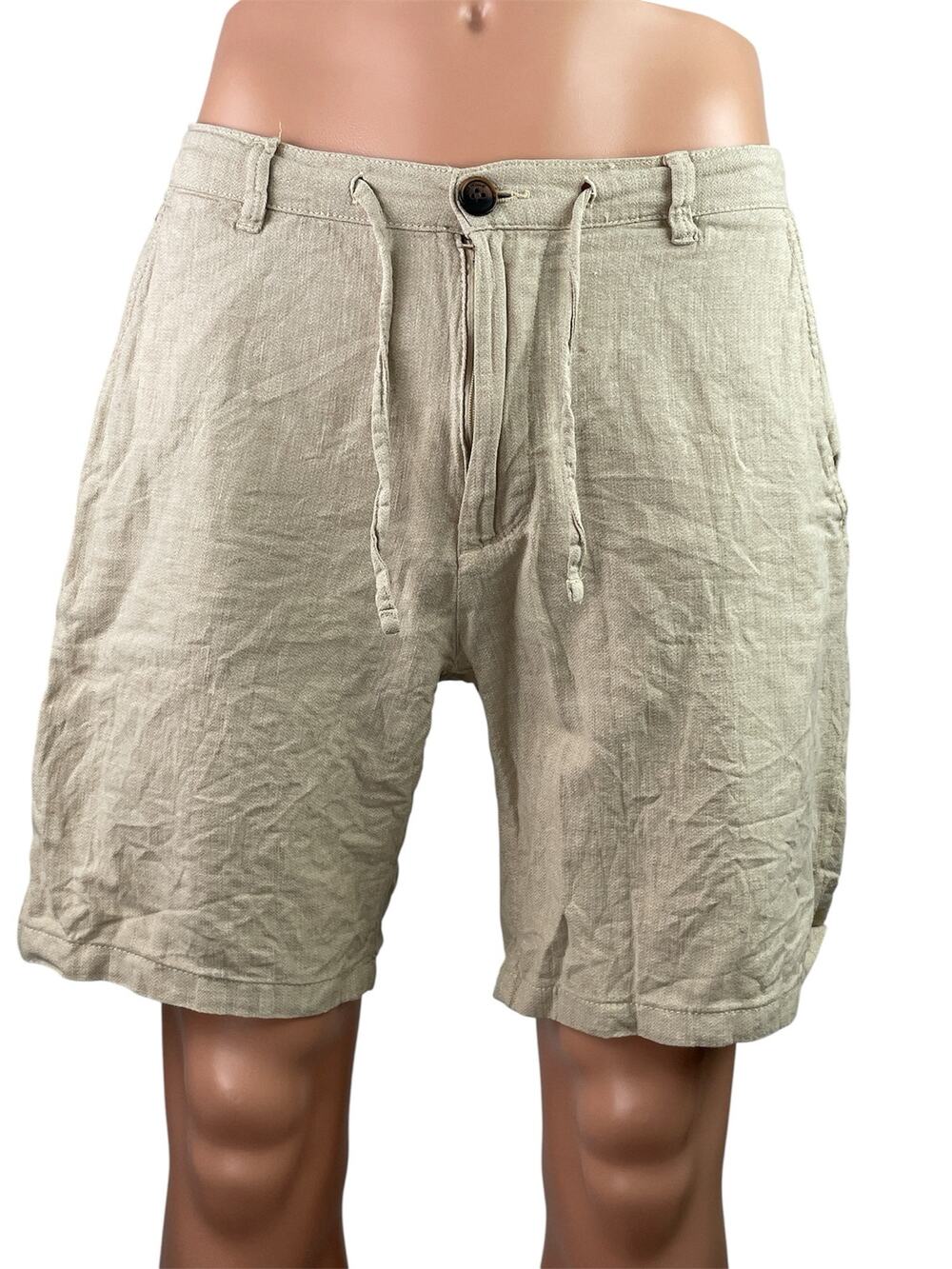 Selected Men's Beige Linen Drawstring Chino Khaki Bermuda Golf Shorts Size M